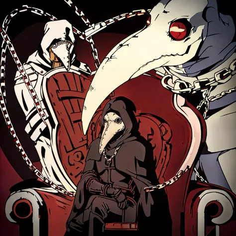 (Male Focus),a close up of a man with a hood on, hooded cloaked, (sitting on a throne) knight, wearing black hooded cloak, (High Quality),(perfect lines),[Plague doctor sitting on a throne],(red background),((chains behind)),plague doctor mask,throne,[anim...