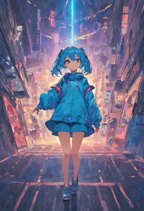 Stand in the city　extraterrestrial　girl with　Blue-haired