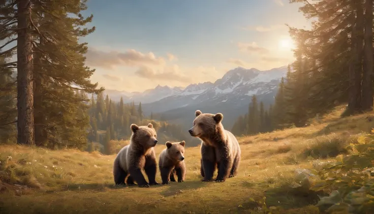 16k, massive details, ((complex details))) immense sky,field of a beautiful mountain pine forrest scene with a cute baby bear cubs with her mother, golden hour ,amazing sky,Level 15,rocky surface, (photorealistic), art (((Claude Lorrain))), J.R. Tolkien Ty...