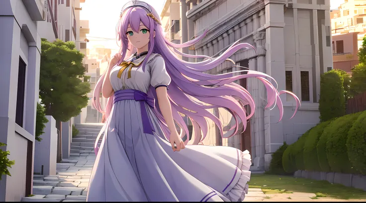 Athena with plain long light purple hair,hair between eyes,green eyes,rosy cheeks,full lips,thin eyebrows,slender body,wearing maid uniform and full long skirt,praying beads on neck,cute anime girl,full body,greek Acropolis street in background,anime style...