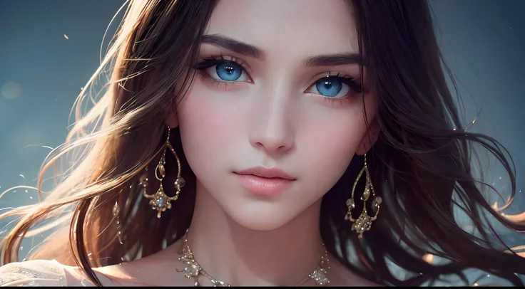 (a)woman,beautiful brunette,long wavy hair,warm smile,piercing blue eyes,graceful posture,fashionable outfit,stylish accessories,confident expression,vibrant personality,[glowing skin],bright eyes,[flawless complexion],(best quality,highres) portrait photo...