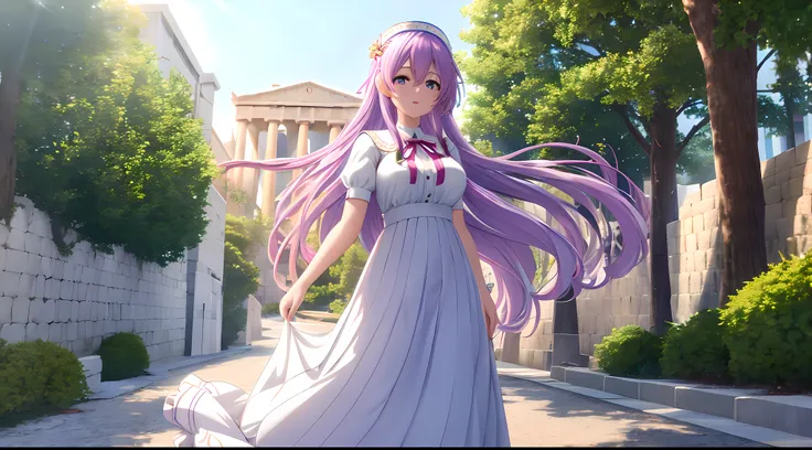 Athena with plain long light purple hair,hair between eyes,green eyes,rosy cheeks,full lips,thin eyebrows,slender body,wearing maid uniform and full long skirt,praying beads on neck,cute anime girl,full body,greek Acropolis street in background,anime style...