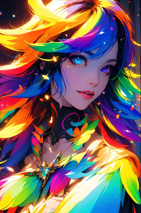 {{masterpiece}}, best quality, cinematic lighting, lens flare, medium breasts, beautiful detail eyes,  multicolor hair, colorful light particles, heterochromia, (colorful:1.5), (colorful hair:1.5),