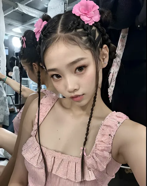 There is a girl with pink flowers in her hair, Hairstyle Braids, penteado twintails, Two Hairstyles Braids, jossi do blackpink, com rabo-de-porco preto, jennie blackpink, Chiho, Xintong Chen, Kiko Mizuhara, pigtail, plaits, Cabelo de rabo de porco, Sha Xi,...