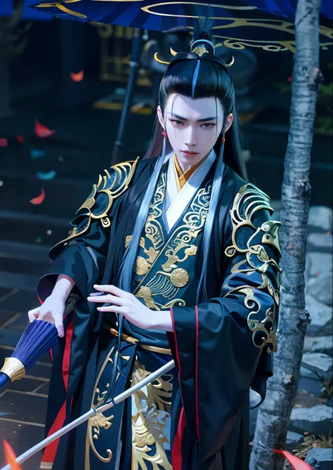 Alphad man in black robes，Holding a black umbrella in his hand, tian zi, inspired by Wu Daozi, feng shu, inspired by Ma Lin, xianxia hero, Cai Xukun, Inspired by Seki Dosheng, xianxia fantasy, in style of pan ren wei, Xianxia, jin shan, pan ren wei, heise ...