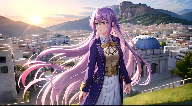 Athena with plain long light purple hair,hair between eyes,green eyes,rosy cheeks,full lips,thin eyebrows,slender body,wearing school coat and full long skirt,praying beads on neck,cute anime girl,full body,greek Acropolis street in background,anime style,...