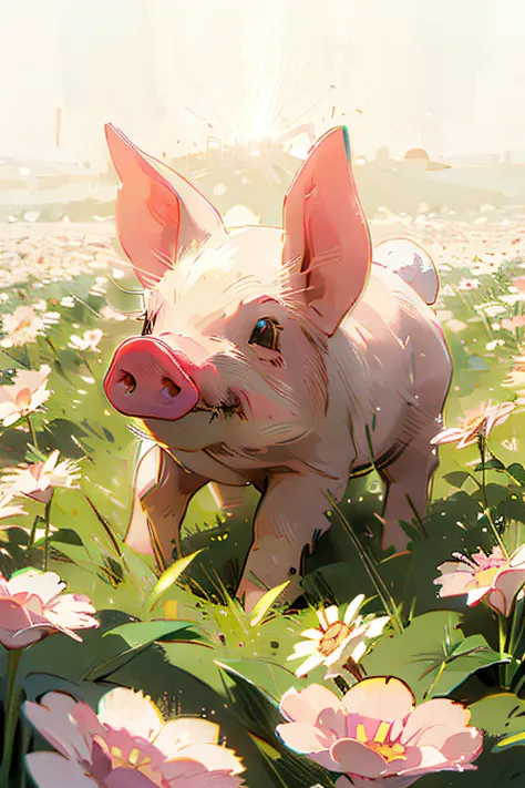 (a pig with bunny ears) (flower field background) (perfect light) (highest quality)