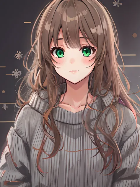 High quality anime picture of girl with long brown hair and cute bangs, hair between her eyes, green eyes wearing a gray sweater