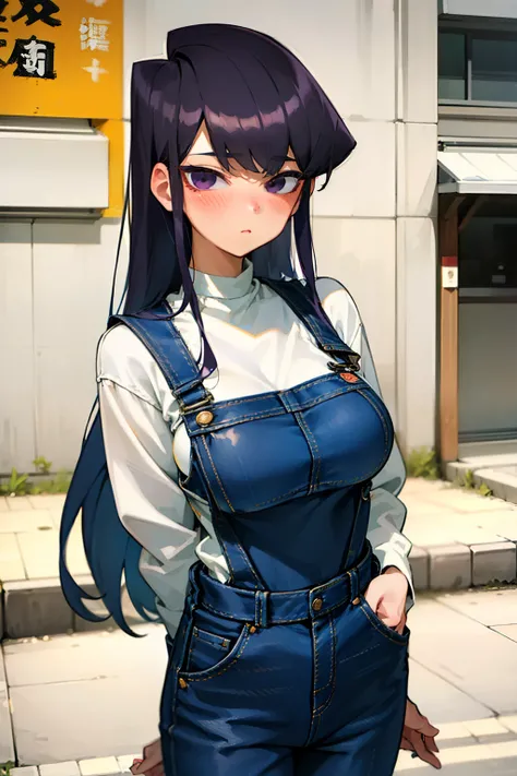 (komishuuko),beautiful,masterpiece, best quality, extremely detailed face,big breasts,looking at viewer, 1 girl, shy, blush, dark purple hair, ((long hair)), standing, japan street, ((denim overall)), leather belt, wind, long sleeve white shirt