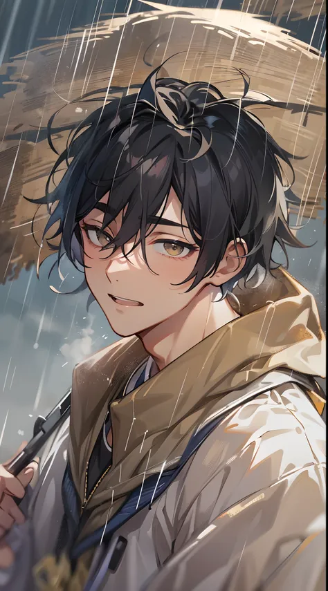 tmasterpiece，Need，超高分辨率，shoun，(with short black hair)，Handsome man，Wheat-colored skin，Physical Education Student，Walk in the rain，glomy，((The wind blows up clothes))