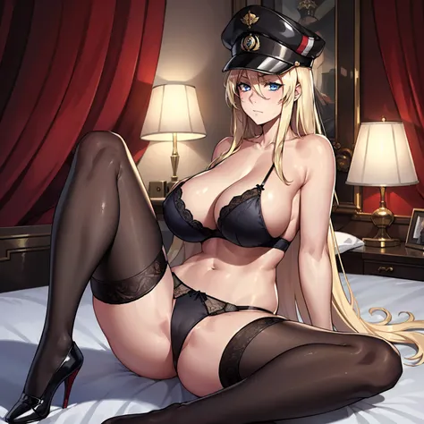 1girl,big breasts,hotel room,(8k),scratches,detailed face,blond hair,blue eyes,long hair,embarassed,shy,serious face, high_res, high_definition,sexy pose,black sexy lingerie,full body,military hat,