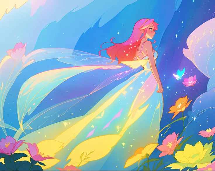 beautiful girl in flowing liquid dress, fairy dress, fairy queen, magical otherworldly landscape, (glowing fairy wings), glowing flowing ballgown, long hair, sparkling fairy wings, watercolor illustration, flowers and colorful plants, inspired by Glen Kean...