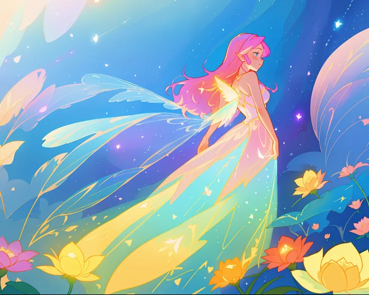 beautiful girl in flowing liquid dress, fairy dress, fairy queen, magical otherworldly landscape, (glowing fairy wings), glowing flowing ballgown, long hair, sparkling fairy wings, watercolor illustration, flowers and colorful plants, inspired by Glen Kean...