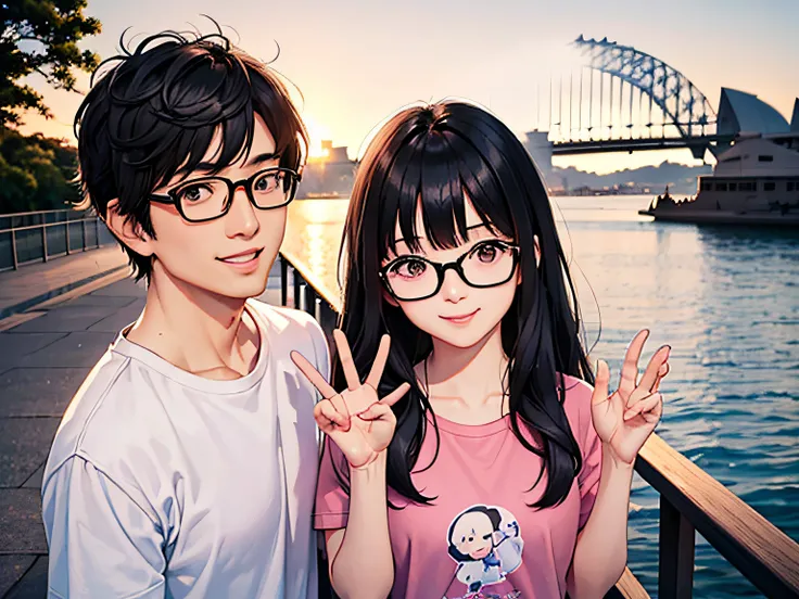 A young Japanese couple at the Sydney Opera House. The husband has black hair with bangs, wears glasses, and a blue T-shirt. The wife has medium-length black hair, wears glasses, and a pink T-shirt. They both have smiles on their faces and are waving hello...