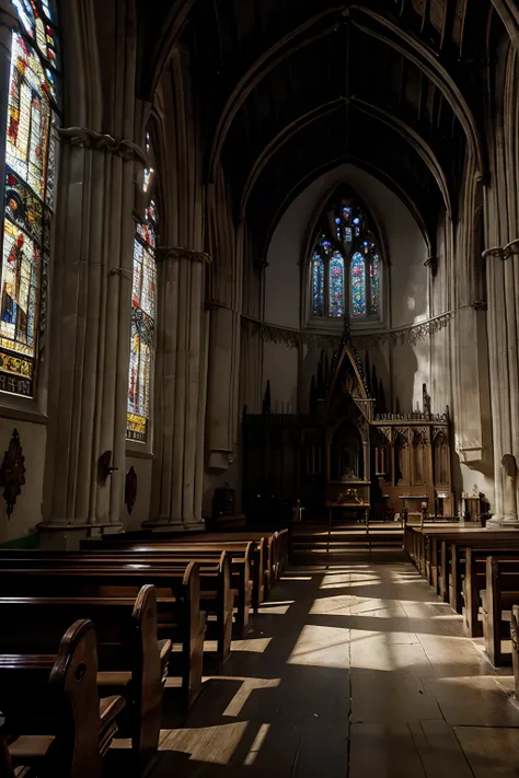 Imagine the interior of a Gothic church. Cores vibrantes. Vitrais. Imagem de baixo para cima. Realista como uma foto. genial.