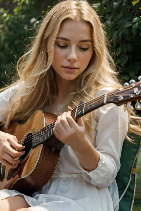 best quality,4k,highres,masterpiece:1.2,ultra-detailed,realistic,blonde woman playing guitar,beautiful detailed eyes,beautiful detailed lips,long blonde hair,blonde hair flowing in the wind,expressive face,fingers strumming the guitar strings,blonde woman ...