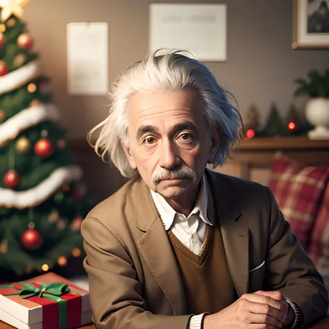 Albert Einstein at Christmas looking blankly at the camera --auto --s2