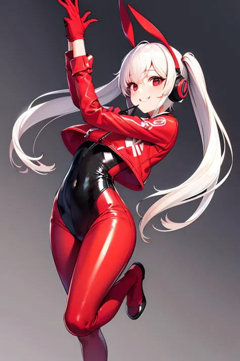 {{{masterpiece, best quality, illustration,game_cg}}}, 1girl, latex bodysuit,red bodysuit, carved bodysuit, {{{breasts out}}}, red, headphones, twintails, shiny clothes, full body, bangs, long red twintails, blush, gloves, impossible clothes, latex, latex ...