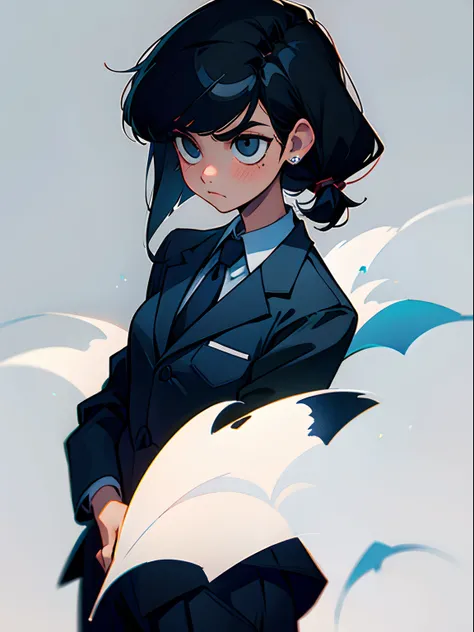 tomboy dressed in suit, thoughtful look of black hair