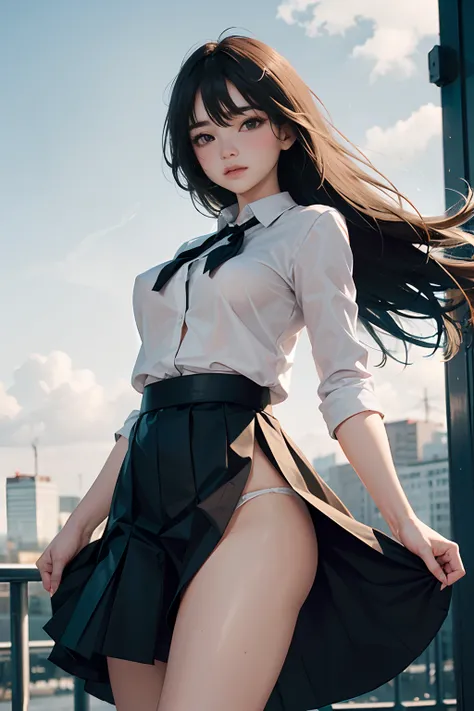 ((Blow-up skirt)), ((Super mini sprated skirt that lifts with the wind)), ((White cotton panties)), Exposed panties, poneyTail、BREAK, ((Top of any color:1.3)), ((Skirts of any color:1.3)), BREAK, ((Strong winds from the front)), (embarrassed:1.4), ((blush)...