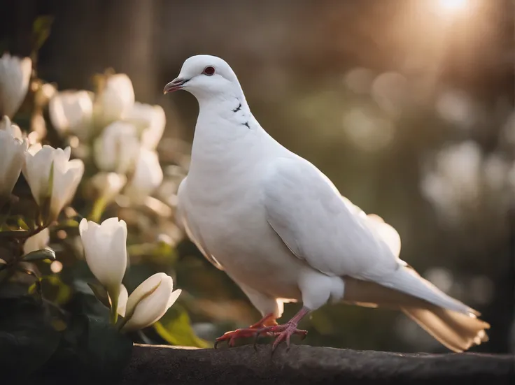 a White dove carries a branch with their beaks.,  country is in ruins, white lily (flower), 
look at a camera, soft volumetric lights, (backlit:1.3), (cinematic:1.2), intricate details, (ArtStation:1.3), realistic, masterpiece,  high quality,