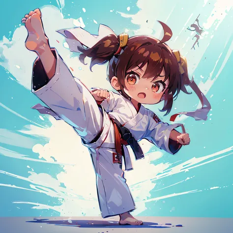 masutepiece, Best Quality, Extremely detailed, Anime, (Karate Girls:1.5), Solo, Full body, Ahoge, Chibi Character, Deformed, Exercising, (Upper Kick:1.5), dojo