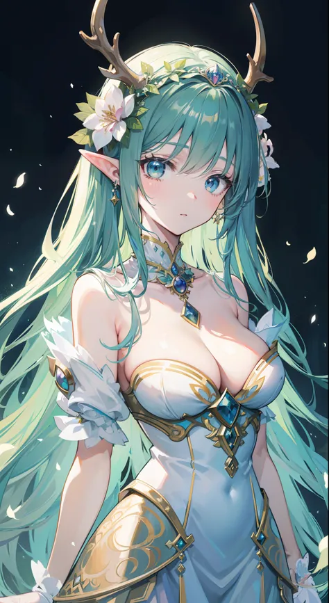 high high quality，tmasterpiece，Delicate facial features，Delicate hair，Delicate eyes，Delicate hair，animemanga girl，deer antlers，Black color hair，florals, Dreamy style, Fantastic flower garden，fantasy style clothing,Romantic dress,  beautiful and elegant elf...