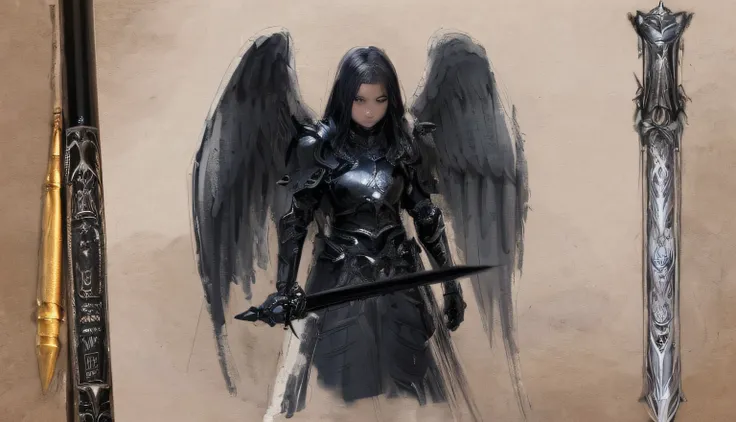 a drawing of a woman with a sword and black armor, angel knight girl, angel knight gothic girl, valkyrie style character, angel in plastic armor, as a mystical valkyrie, old sketch, armor angle with wing, rough sketch, dark angel, detailed but rough, black...