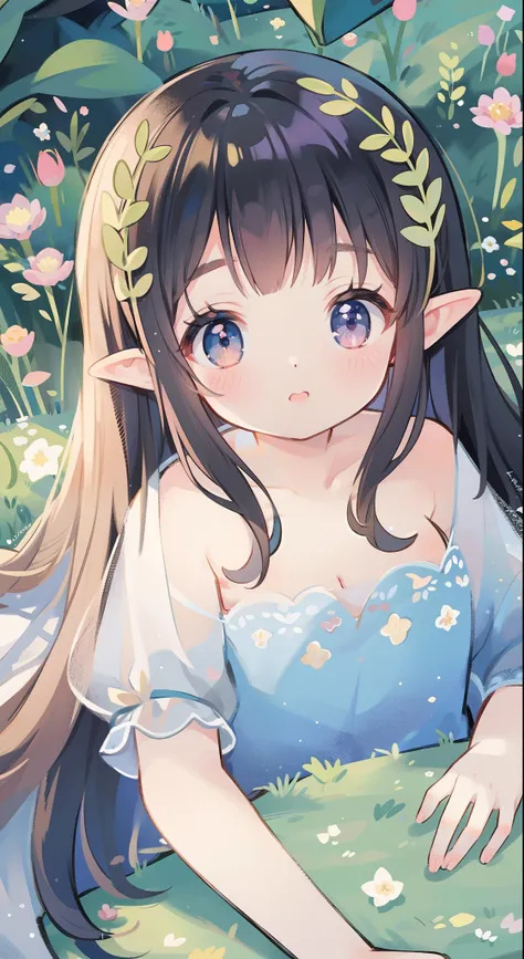 high high quality，tmasterpiece，Delicate facial features，Delicate hair，Delicate eyes，Delicate hair，animemanga girl，deer antlers，Black color hair，florals, Dreamy style, Fantastic flower garden，fantasy style clothing,Romantic dress,  beautiful and elegant elf...