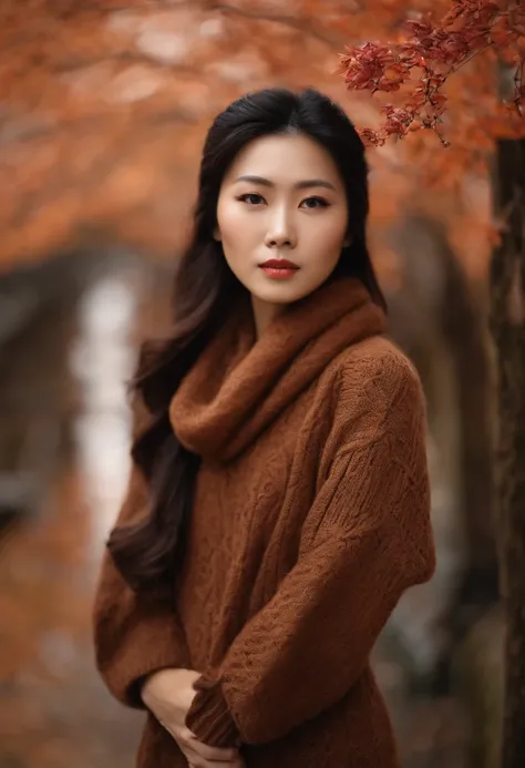 Japan woman in brown knitwear、