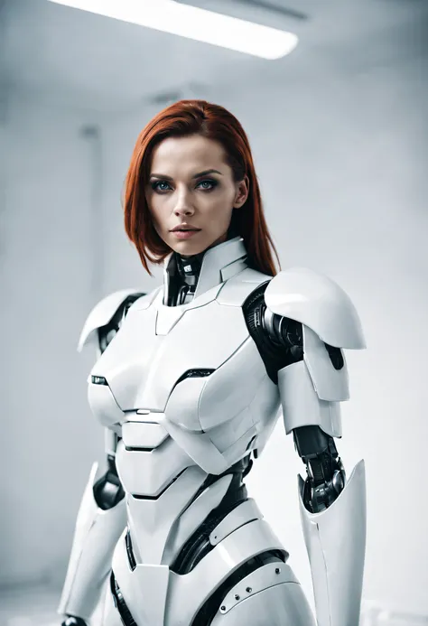 A sexual fembot warrior standing in a clean white room, portrait, shallow depth of field , cinematic, dramatic light