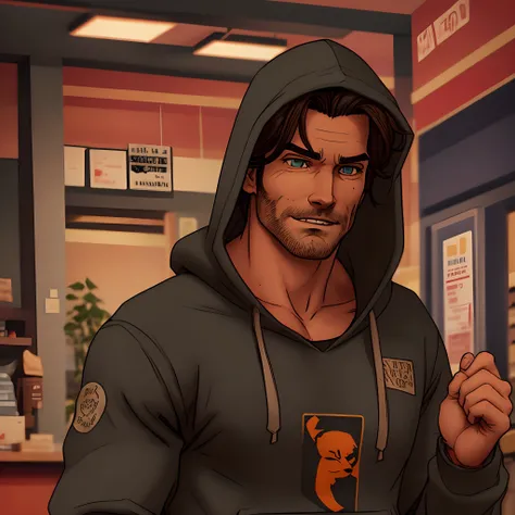 Bigby wolf wearing a black hoodie with the hood up