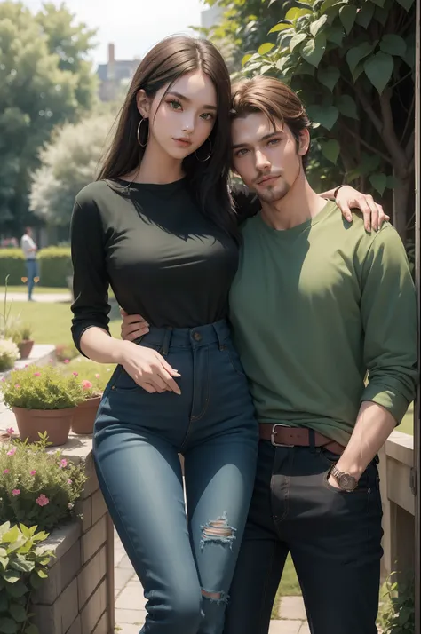 Man and woman couples, beautiful woman sitting on the mans lap, tall handsome man hugging from her behind, man wearing green shirt and black jeans pants ,women wearing a red lovely dress for parties, no extra fingers, no extra hands, no bad hands, no bad f...