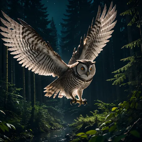 finest image, (8k, RAW photo, realistic), owl in the night, eyes shining, wings spread and gliding, forest below