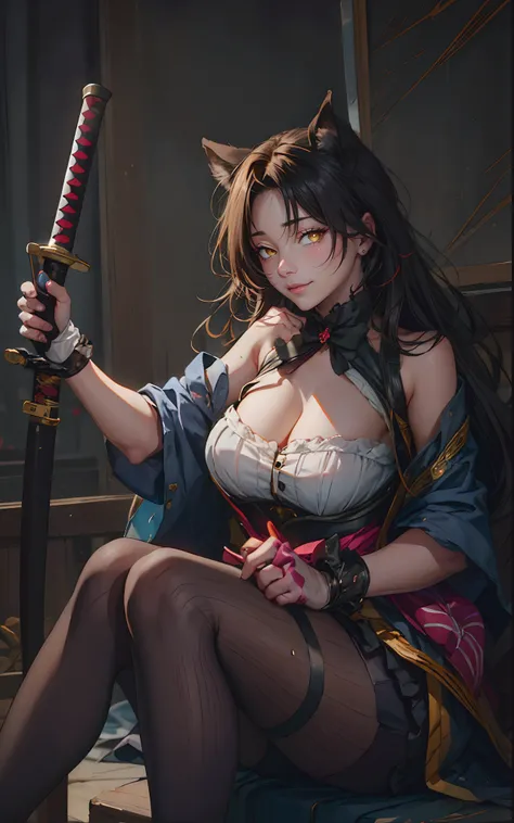 dominique_de_sade, (long hair, black hair:1.6), sword, breasts, katana, 1girl, gloves, katana, animal_ears, pantyhose, cleavage, elbow_gloves, sheath, sitting, large_breasts, sheathed, bare_shoulders, solo, white_gloves, looking_at_viewer, black_legwear, h...