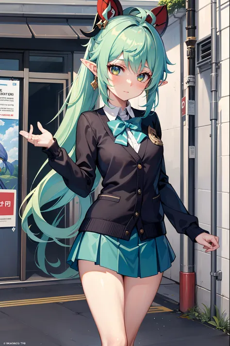 masterpiece, best quality, nahida(genshin impact), 1girl, small breast, long hair, side ponytail, hair ornament, white hair, green hair, hand behind head:1.5, multicolored hair, elf, pointy ears, school uniform, skirt ,cardigan, road, street, looking at th...