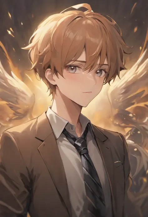 male, 64, gentle face, handsome, soft eyes, soft mid length, fluffly light brown hair. He as a muscular, toned build and a pale complexion. beauty mark below his right eye and one below the right corner of his mouth, fox eyes, tall, wearing a suit