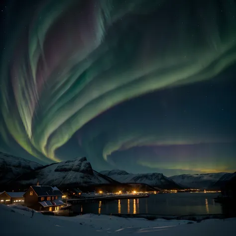 Masterpiece, northern lights in Norway, the most beautiful place in the world, with professional color grading, soft shadows, no contrast, clean sharp focus, hyper realistic :: nebula::1 wide angle lens::1 defocus:: UHD, HDR, 16K