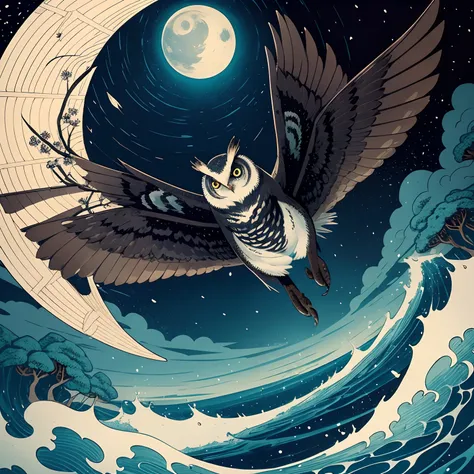 Hokusai, Sharaku, owl in the night, eyes shining, wings spread and gliding, forest below