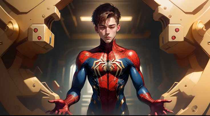 Spiderman white and gold suit short brown hair fixed hands