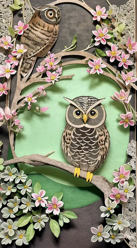 papercut an owl made of cherry blossoms in moonlight with a circular border