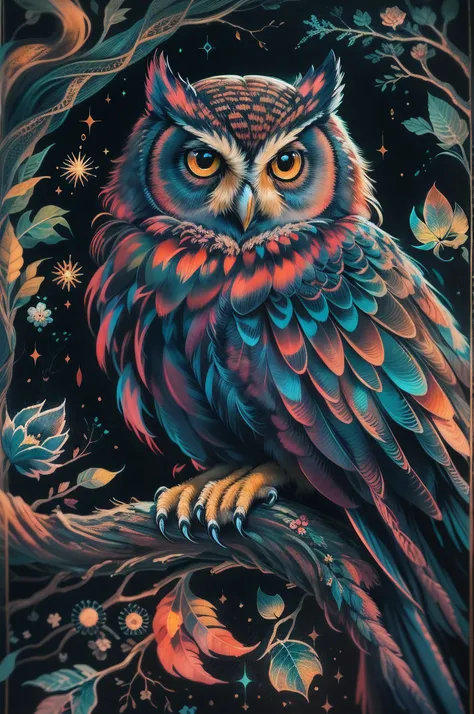 a painting of a colorful owl on a black background,, breathtaking rendering, within a radiant connection, inspired by Kinuko Y. Craft,, magical elements, kitten icon, wow, is beautiful, casting a multi colorful spell, bright flash, flash