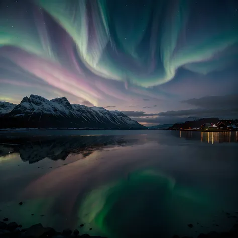 Masterpiece, northern lights in Norway, pink aurora, winter setting, the most beautiful place in the world, with professional color grading, soft shadows, no contrast, clean sharp focus, cinema film photography, hyper realistic :: nebula::1 wide angle lens...