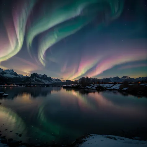 Masterpiece, northern lights in Norway, pink aurora, winter setting, the most beautiful place in the world, with professional color grading, soft shadows, no contrast, clean sharp focus, cinema film photography, hyper realistic :: nebula::1 wide angle lens...