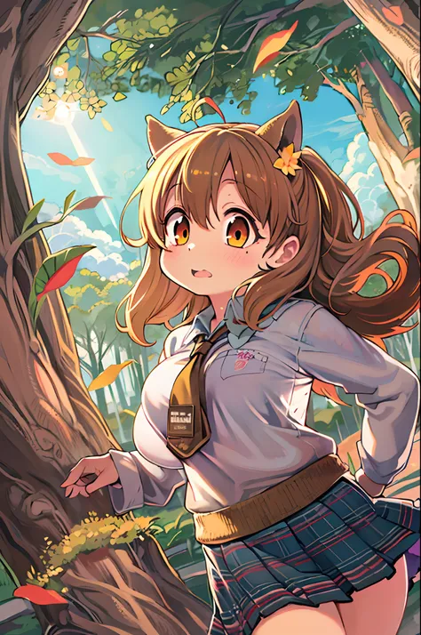 Sally Acorn, 1girl in, Solo, tree, skyporn, Outdoors, Skirt, cloud, brown, hair, Sunset, lens, f lare, Scenery, School, uniform, Sun, Wind, long, sleeves, animal snout