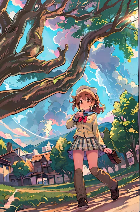 Sally Acorn, 1girl in, Solo, tree, skyporn, Outdoors, Skirt, cloud, brown, hair, Sunset, lens, f lare, Scenery, School, uniform, Sun, Wind, long, sleeves, animal snout