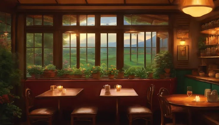 ghibli art, interior of a cafe, raining outside window, video hi-res, cosy vibes