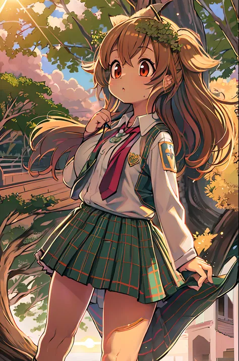 Sally Acorn, 1girl in, Solo, tree, skyporn, Outdoors, Skirt, cloud, brown, hair, Sunset, lens, f lare, Scenery, School, uniform, Sun, Wind, long, sleeves, animal snout