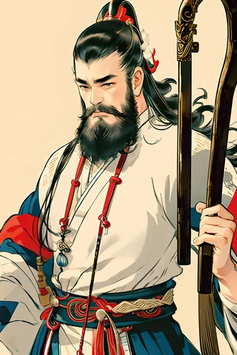 ukiyo-e, Japan, bearded shaman, holding a gnarly staff