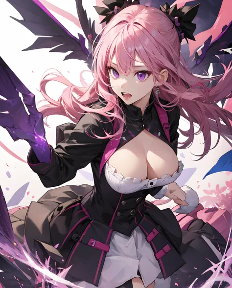 tits out、girl with、Pink hair、Purple eyes、double tooth